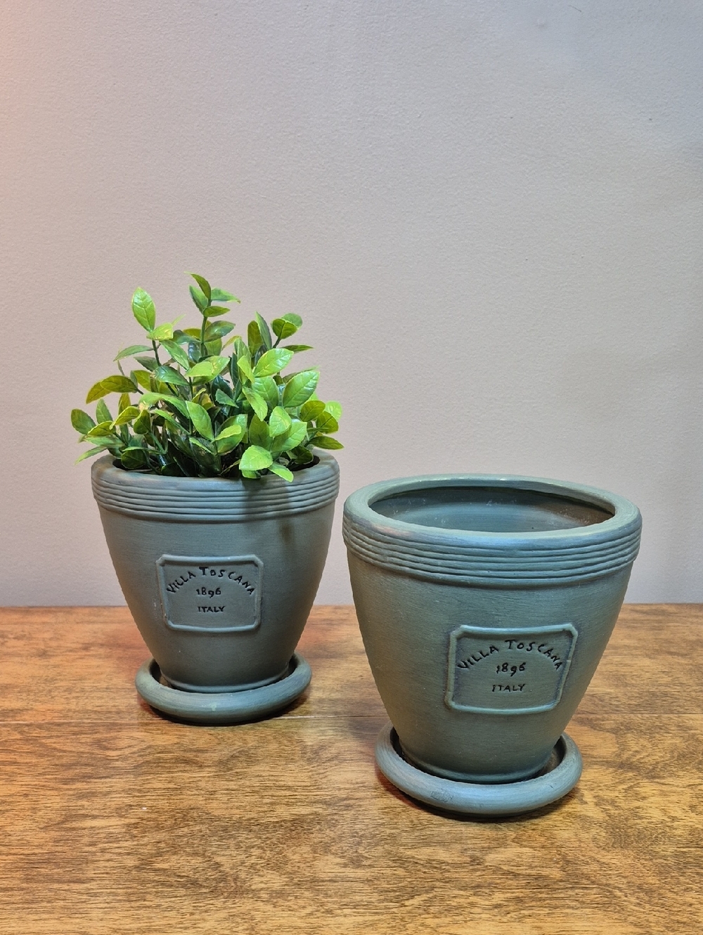 LEE'S POTTERY Matte Olive Green Ceramic Plant Pots with Attached Saucer Set of 2